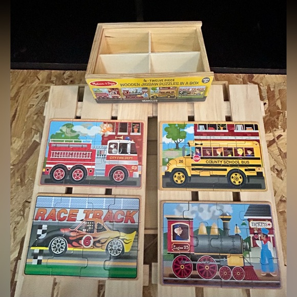 Melissa & Doug 4-twelve piece wooden puzzles in a  box “”vehicles” - Picture 3 of 5